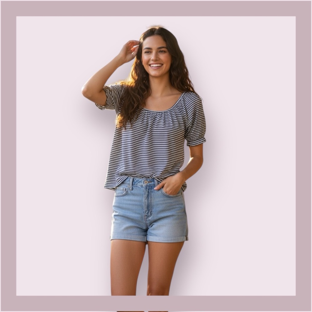 Madewell Texture & Thread Navy Striped Peasant Top